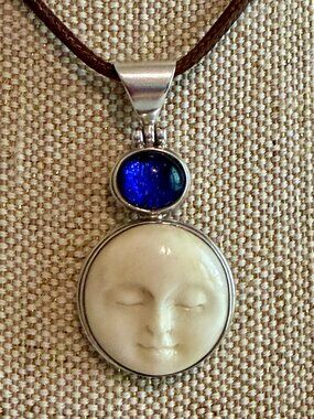 Serene Moon Face Pendant Necklace With A Blue Accent Stone Jewelry Special Gift